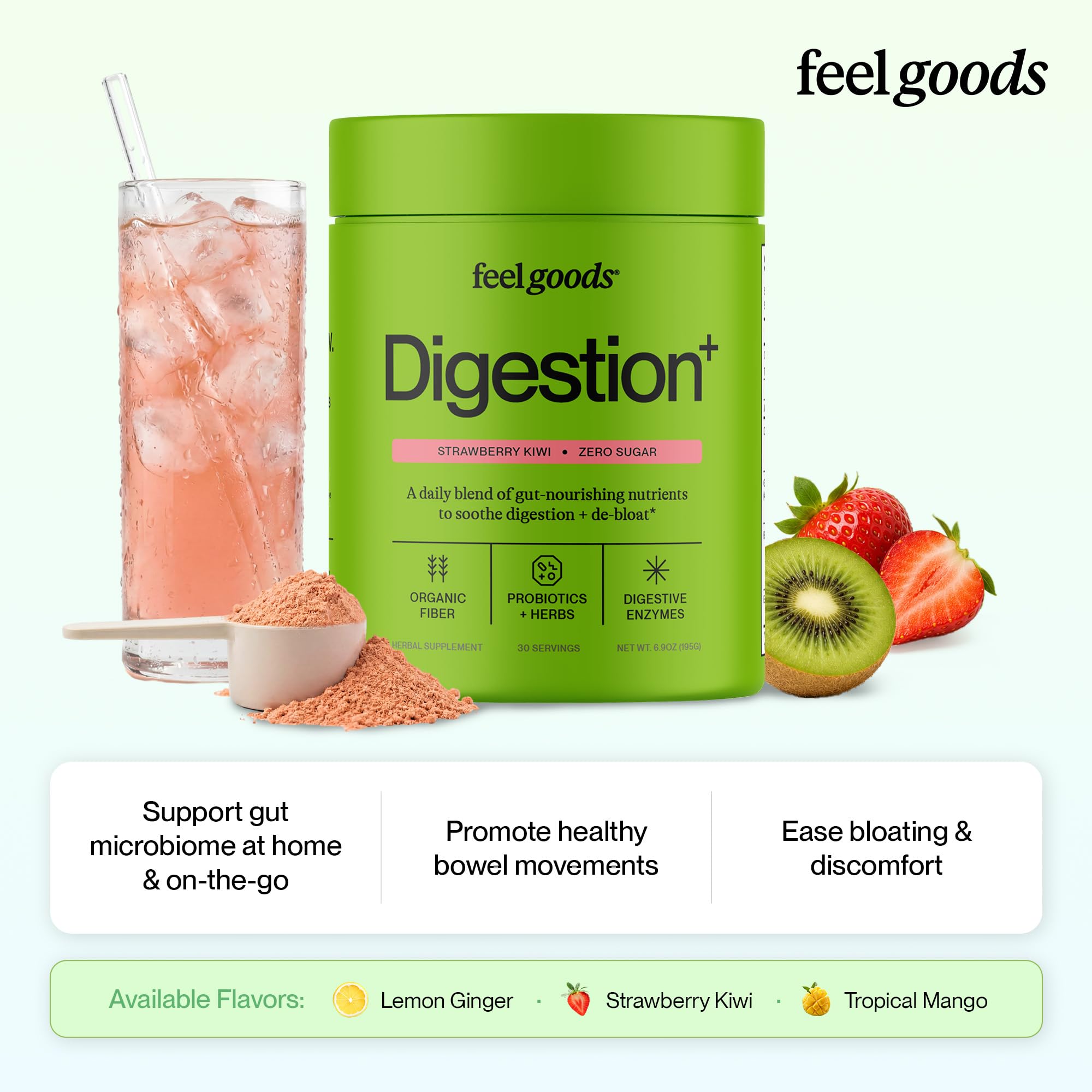 Feel Goods sobre abierto con polvo fresa-kiwi listo para mezclar