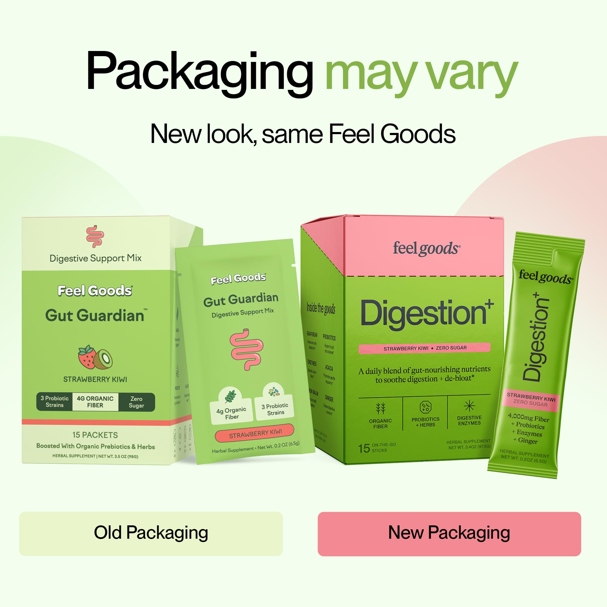 Feel Goods etiqueta nutricional mostrando fibra, probióticos y sin aditivos