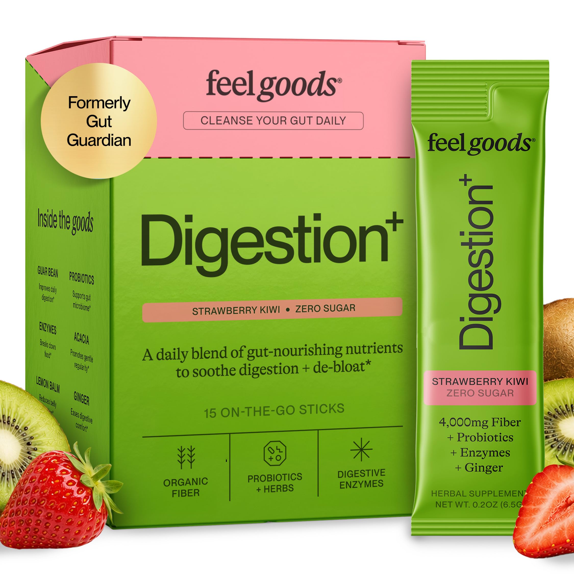 Feel Goods empaque frontal que muestra stick packs y beneficios digestivos