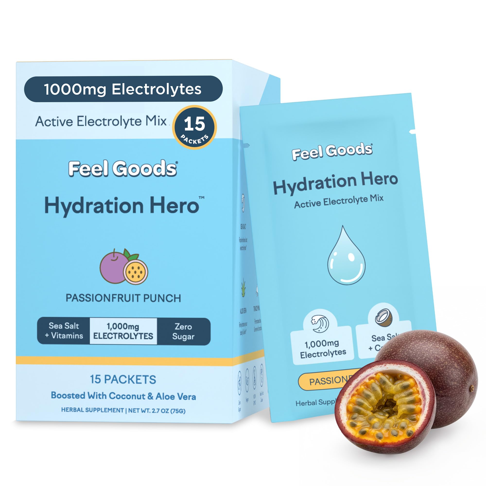 Feel Goods empaque frontal mostrando 15 sobres y beneficios claros
