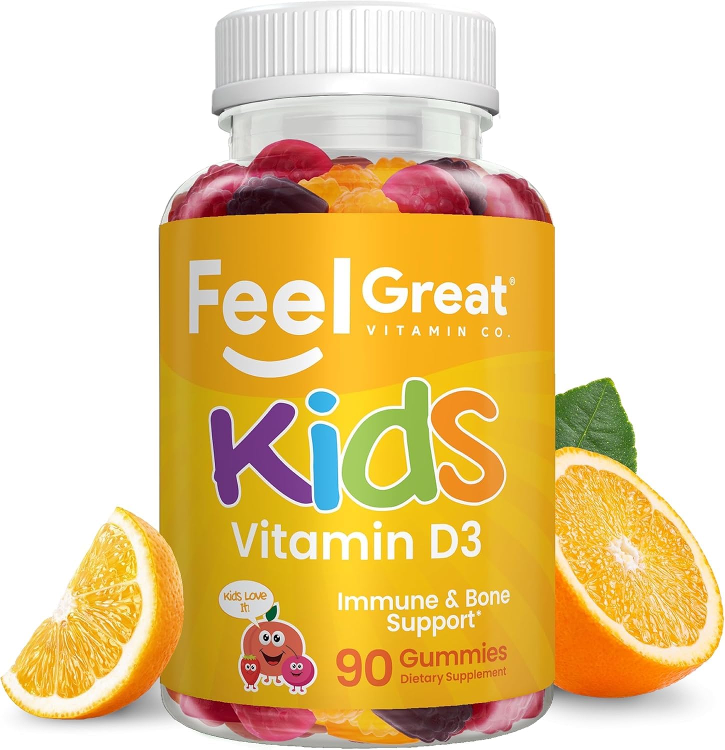 Frasco Feel Great abierto con gomitas visibles para administración diaria fácil
