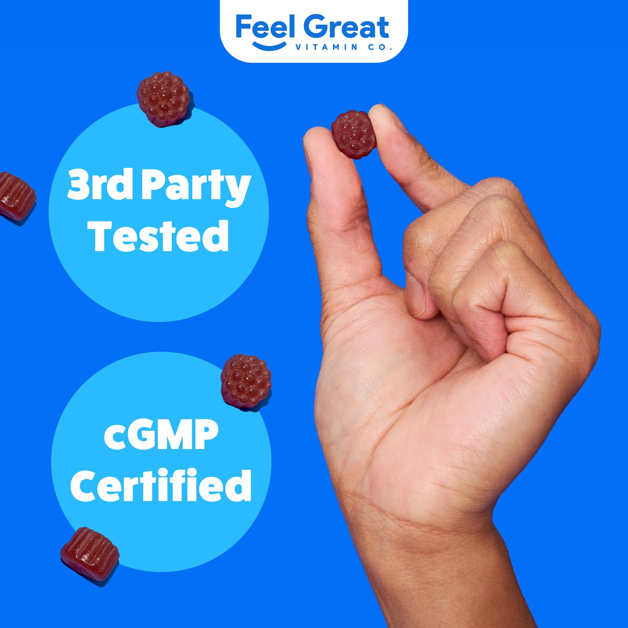 Frasco abierto de Feel Great con gomitas visibles, ideal para uso diario