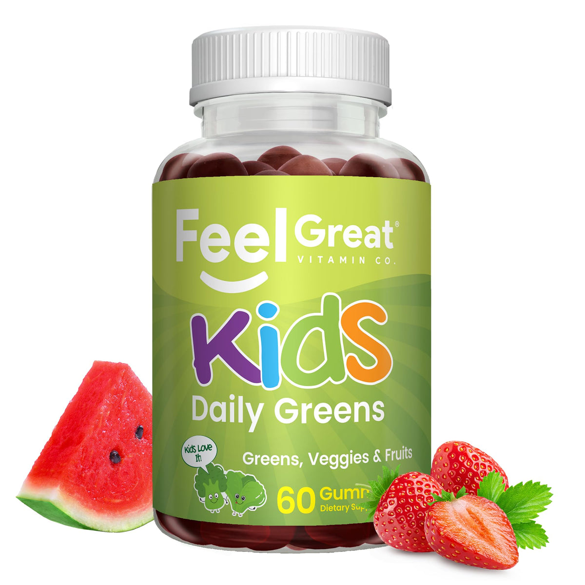 Feel Great envase frontal mostrando Super Green Gummies y ventaja vegana