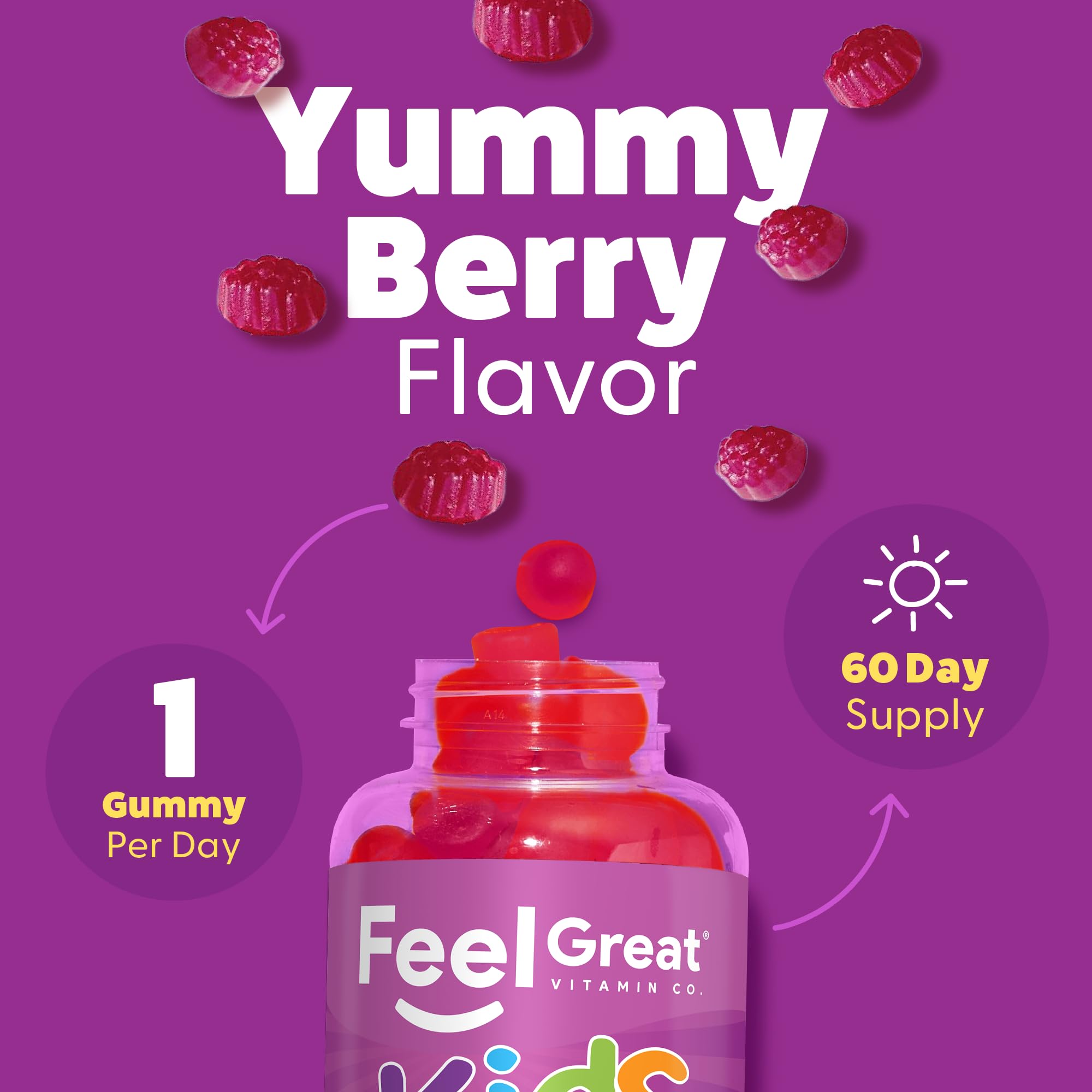 Escena familiar con frasco The Feel Great Vitamin Company en mesa de desayuno saludable