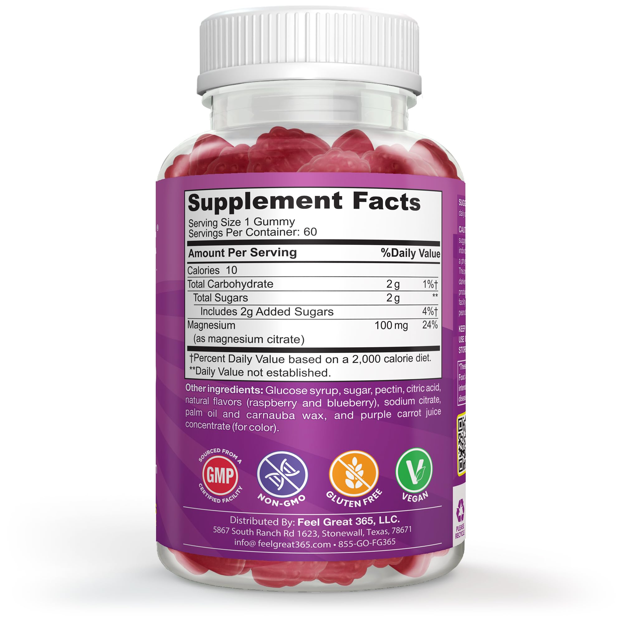 Detalle de ingredientes naturales y pectina en empaque The Feel Great Vitamin Company