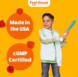 Comparación de tamaño de una gomita Feel Great frente a una moneda para referencia