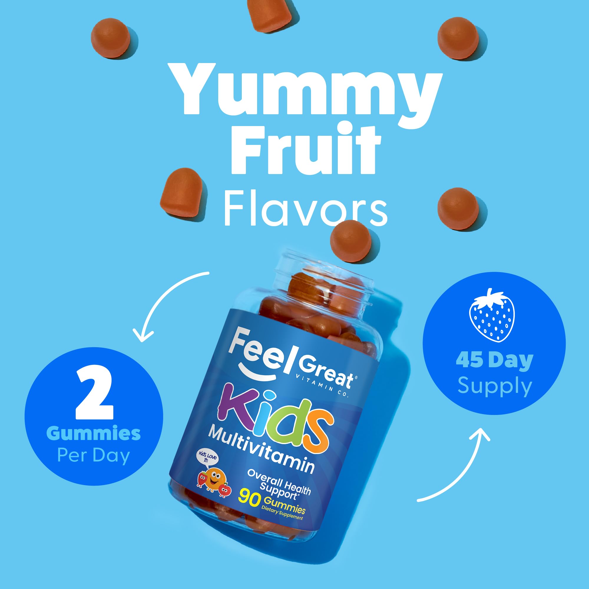 Feel Great Vitamin Company textura y colores cítrico y fresa que atraen niños