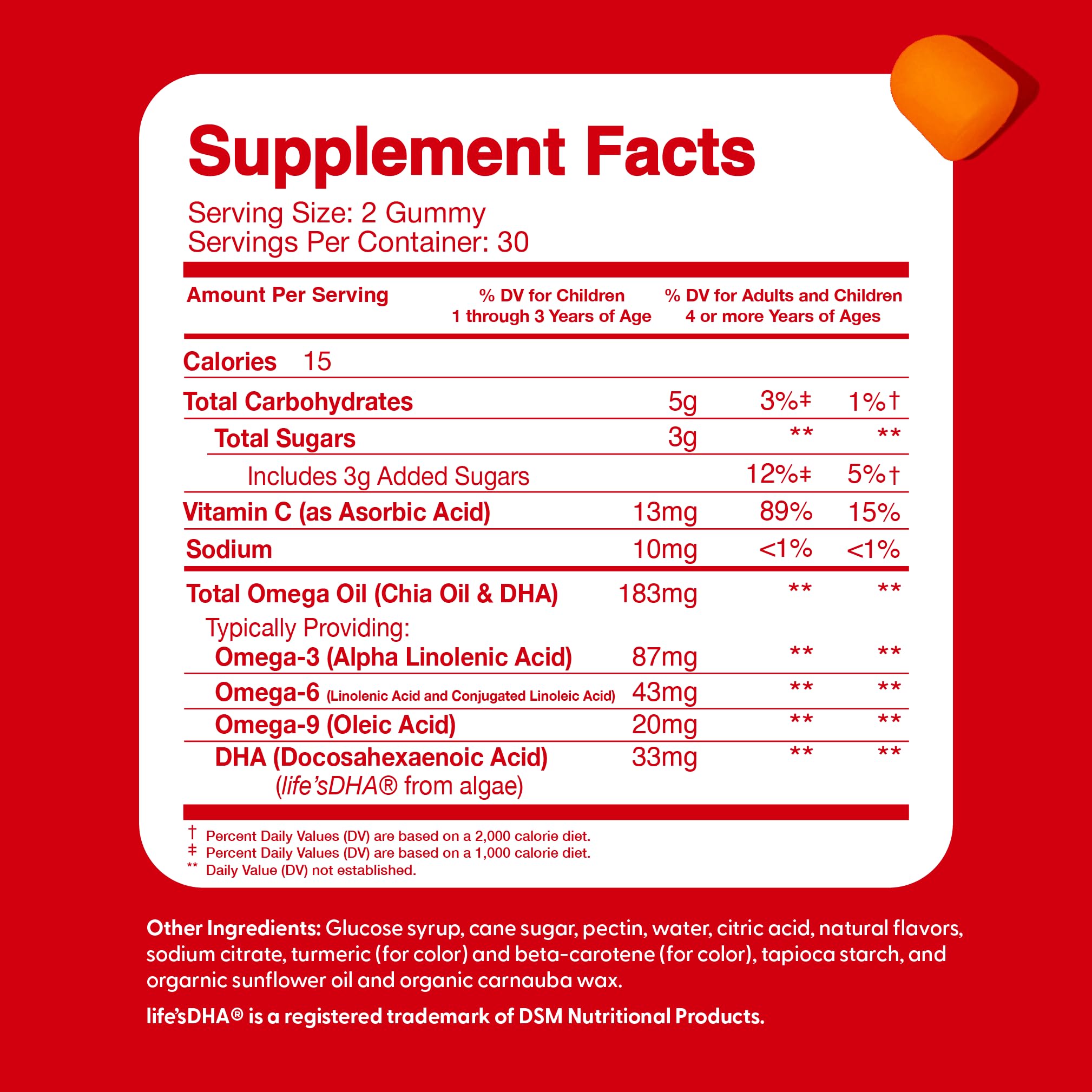 The Feel Great Vitamin Company etiqueta nutricional con información de DHA y vitamina C