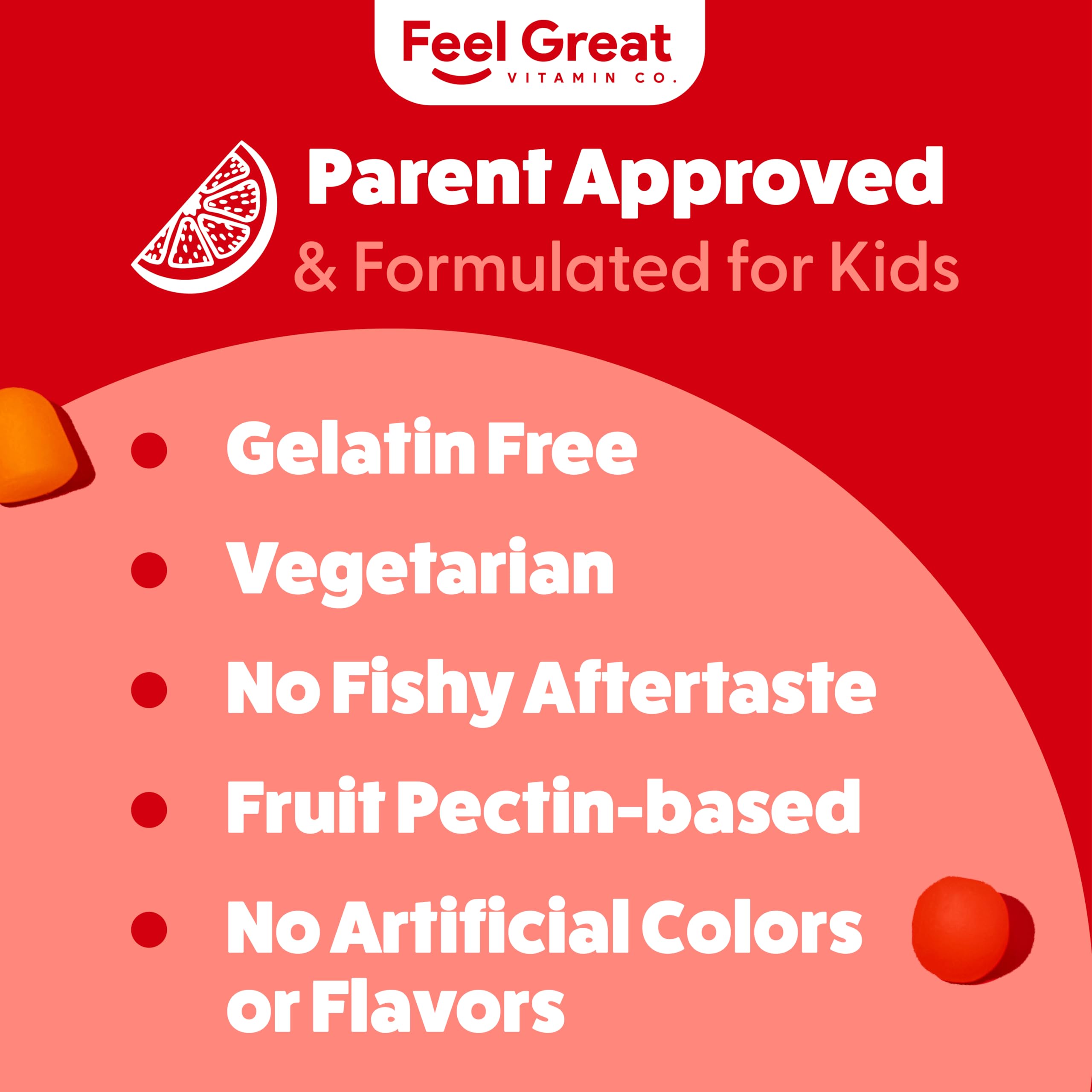 Etiqueta nutricional de Feel Great Vitamin Company información de DHA y vitamina C clara