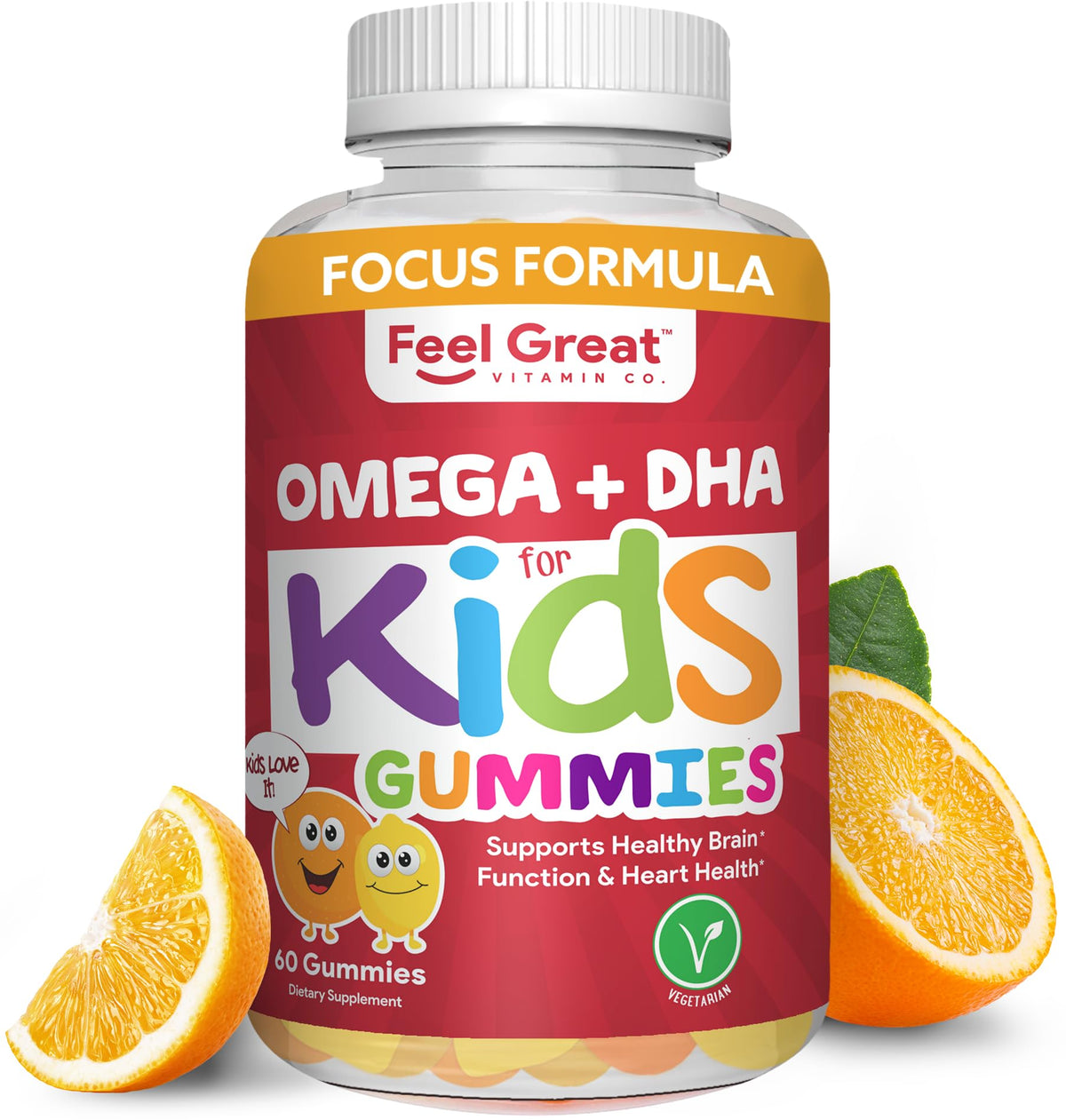 Feel Great Vitamin Company frasco frontal de gominolas Omega 3 para niños mostrando envase