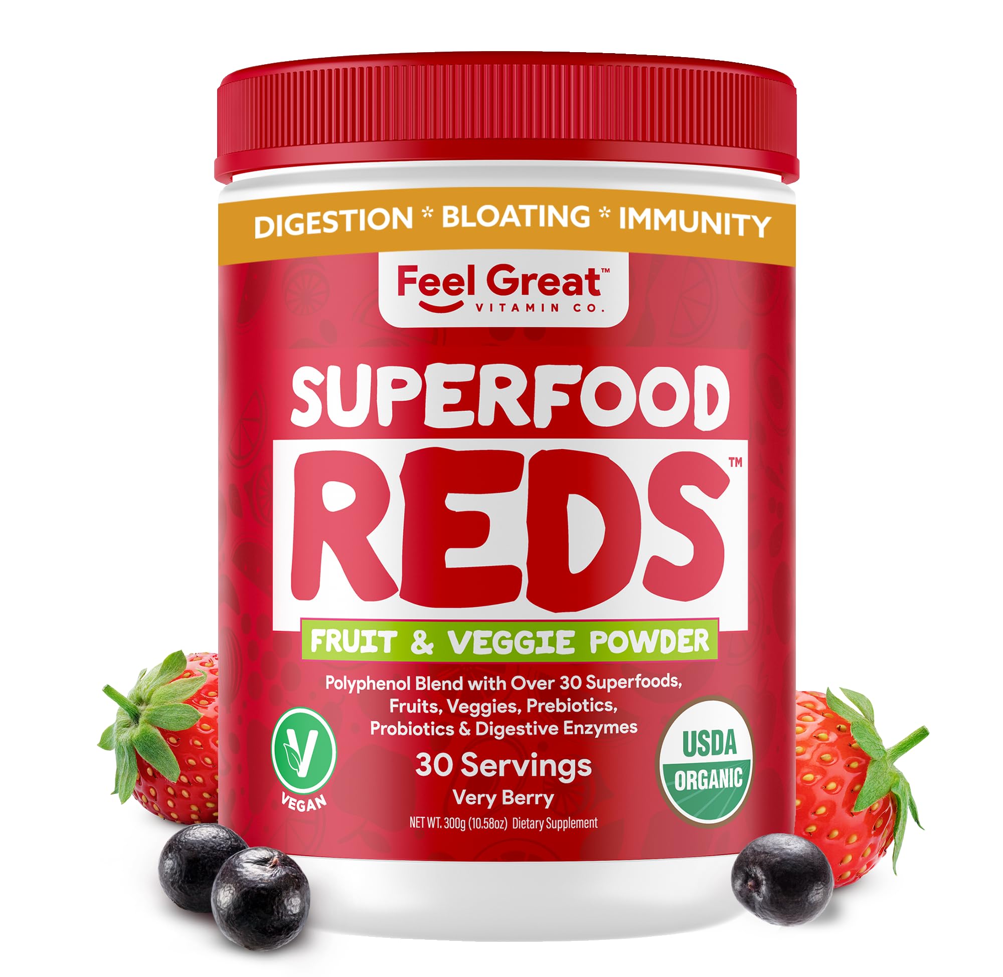 Feel Great empaque frontal mostrando superfood rojo y beneficios visibles