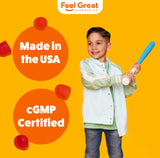 The Feel Great Vitamin Company etiqueta en primer plano con información de dosis y certificación cGMP