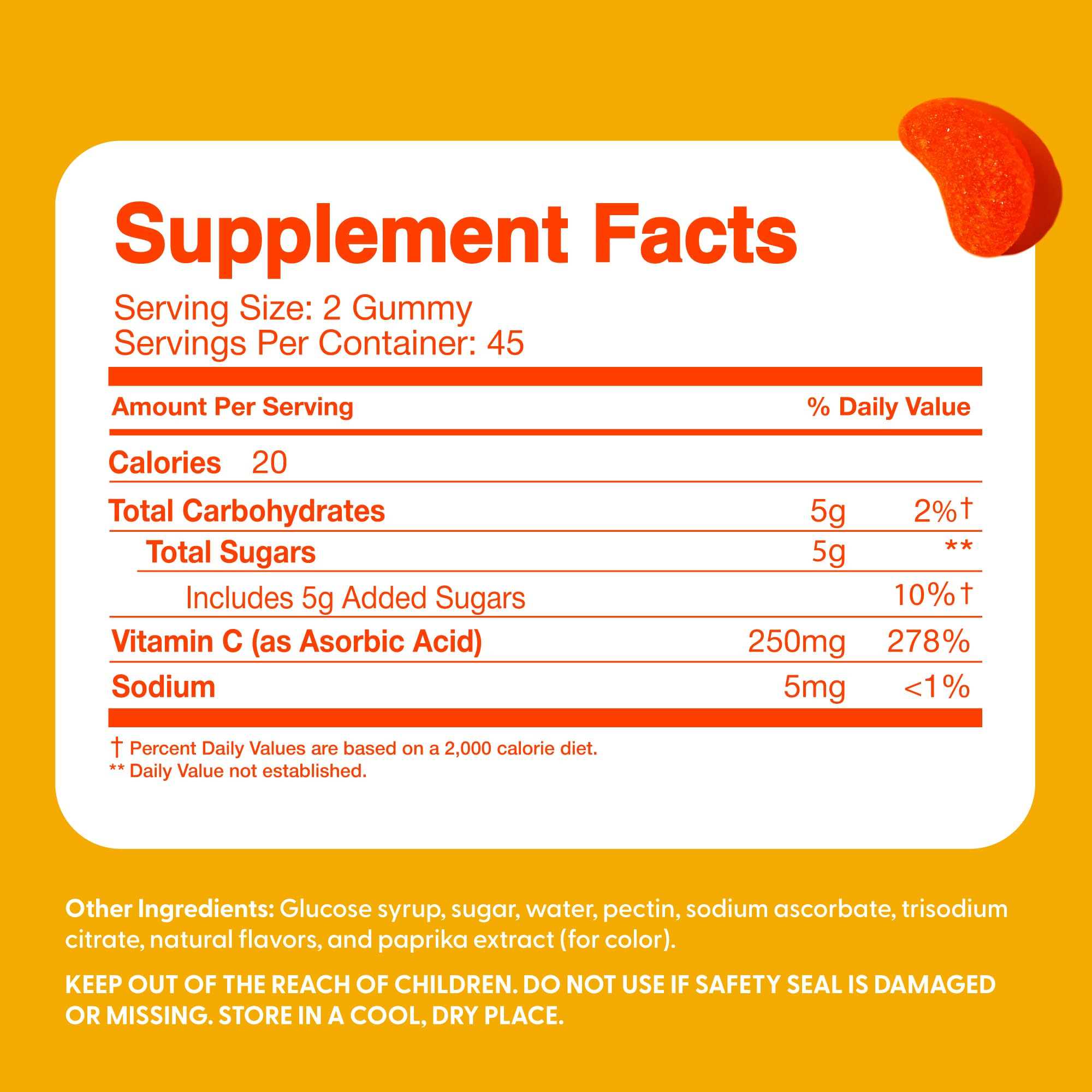 Feel Great Vitamin Co. etiqueta nutricional con 250 mg por ración visible