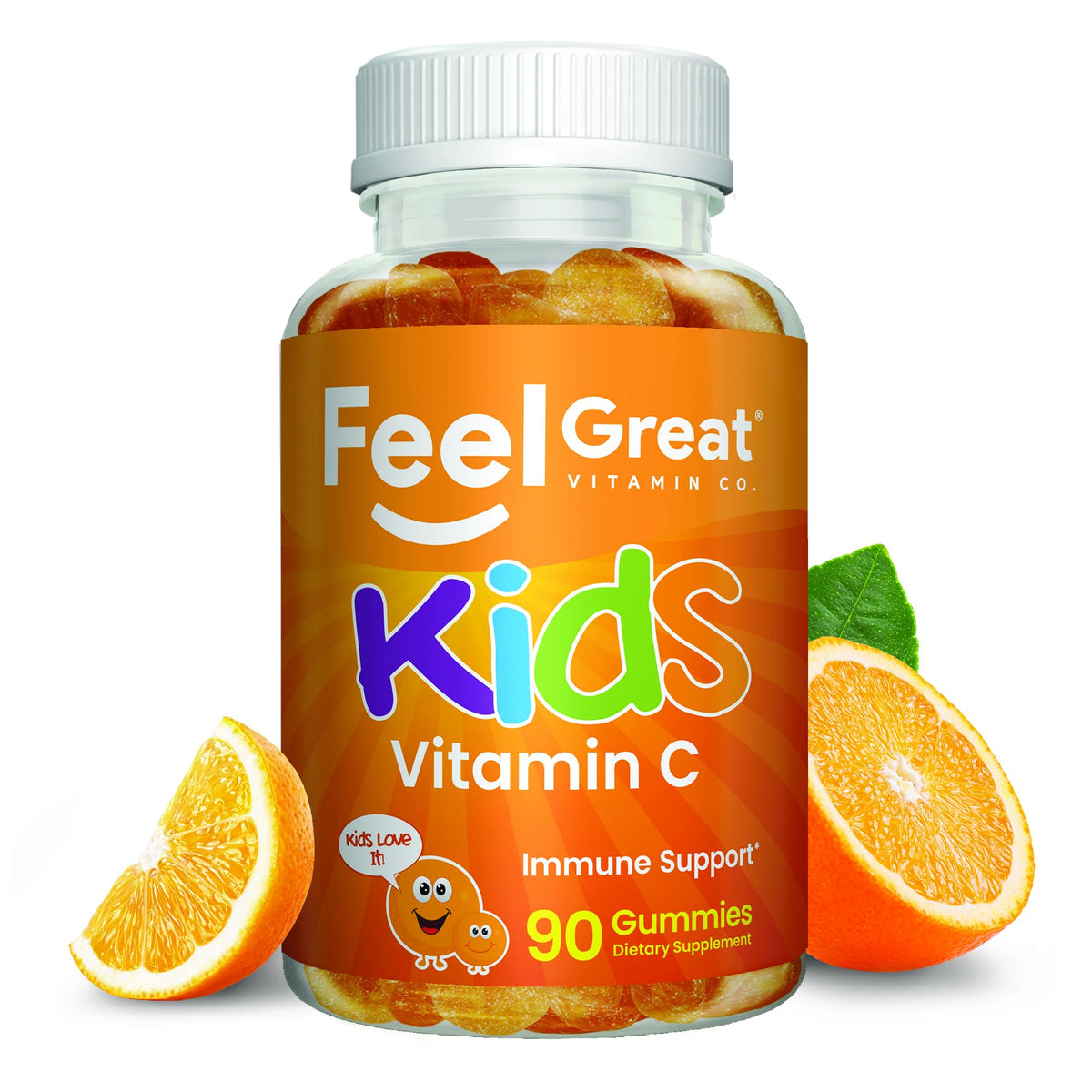 Feel Great Vitamin Co. frente del paquete mostrando gominolas y dosis