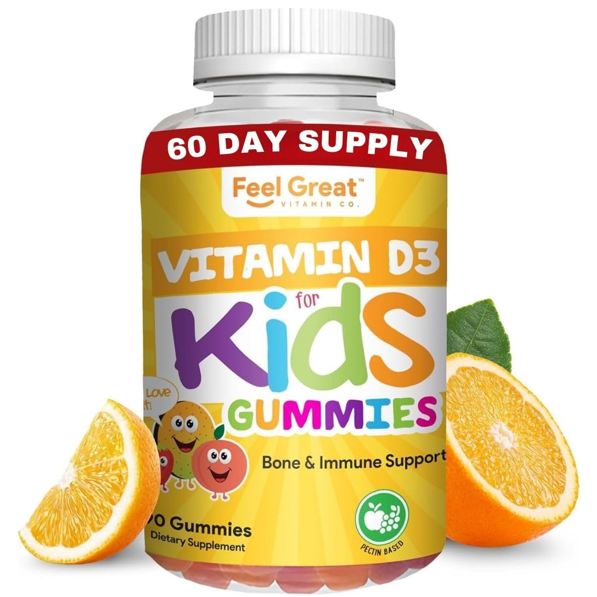 The Feel Great Vitamin Company frasco frontal que muestra gominolas D3 K2 y beneficio de apoyo nutricional
