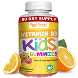 The Feel Great Vitamin Company frasco frontal que muestra gominolas D3 K2 y beneficio de apoyo nutricional