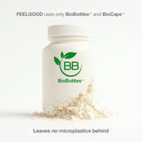 Comparación de tamaño de 60 cápsulas FeelGood Superfoods y mano