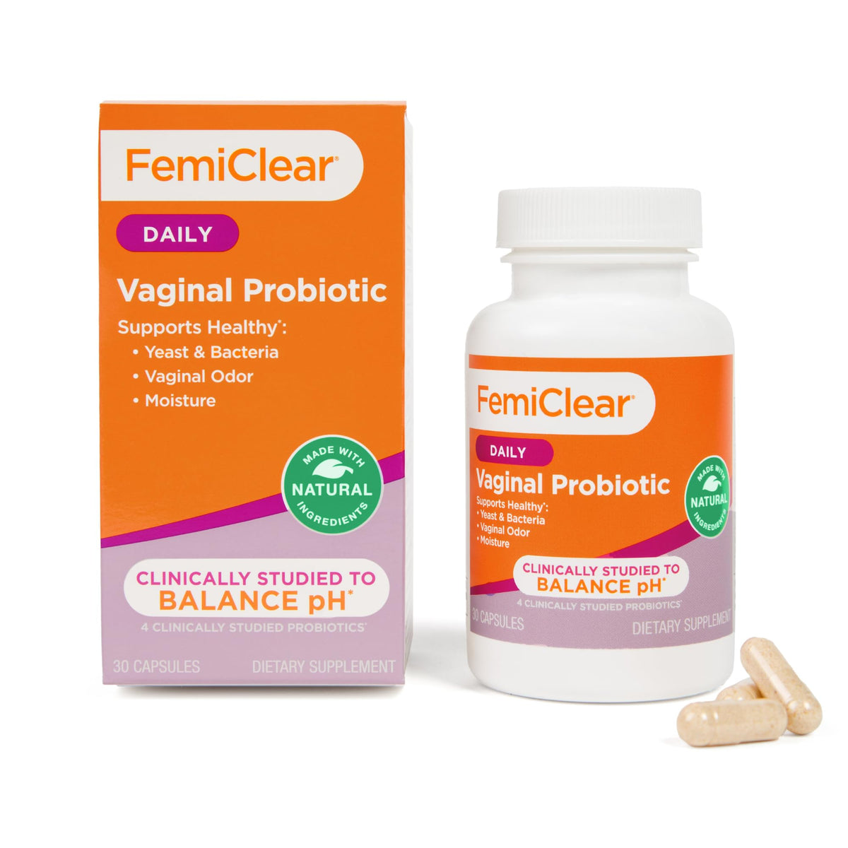 FemiClear vista frontal del empaque que muestra suministro para 30 días y beneficios