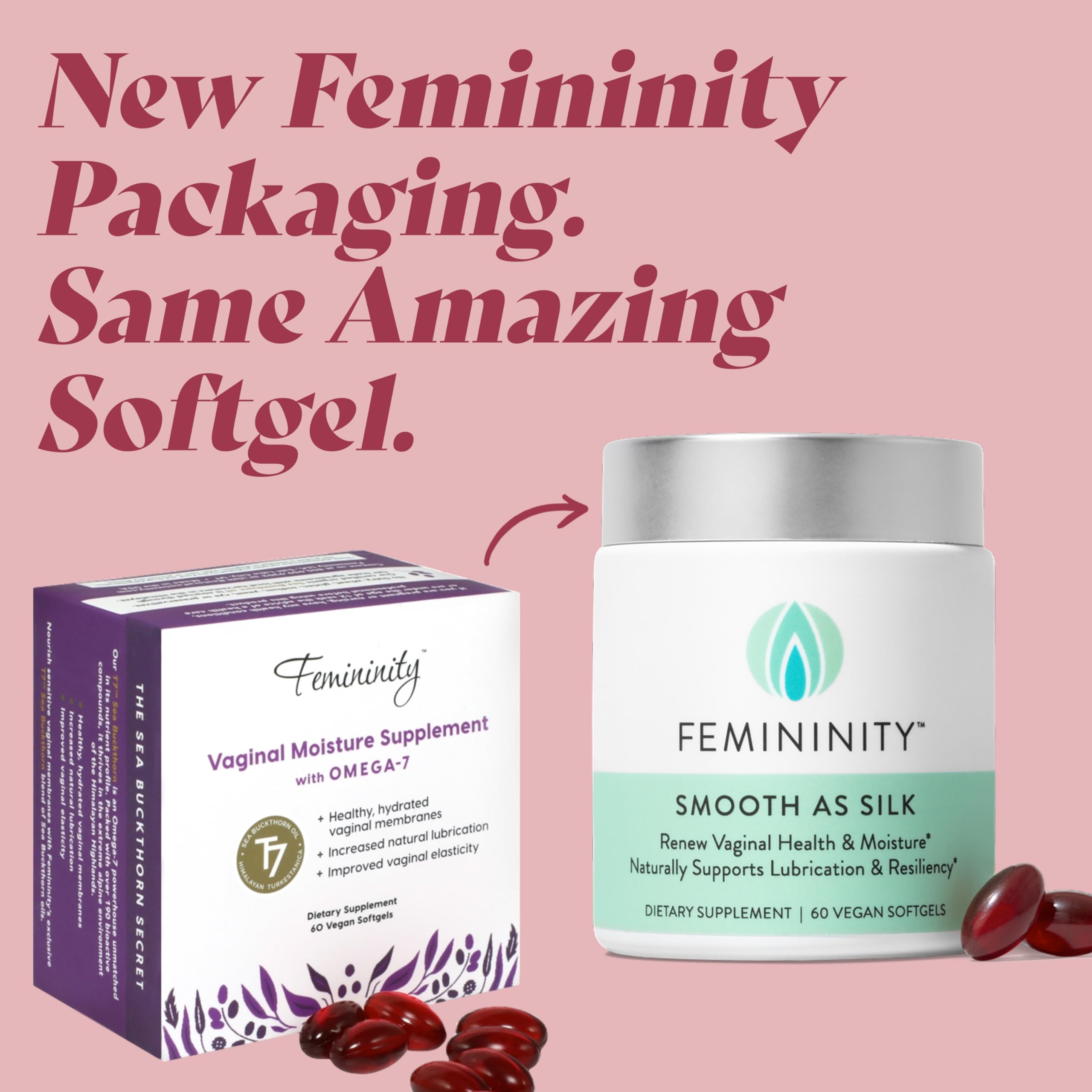 Femininity cápsula junto a vaso de agua lista para tomar diariamente