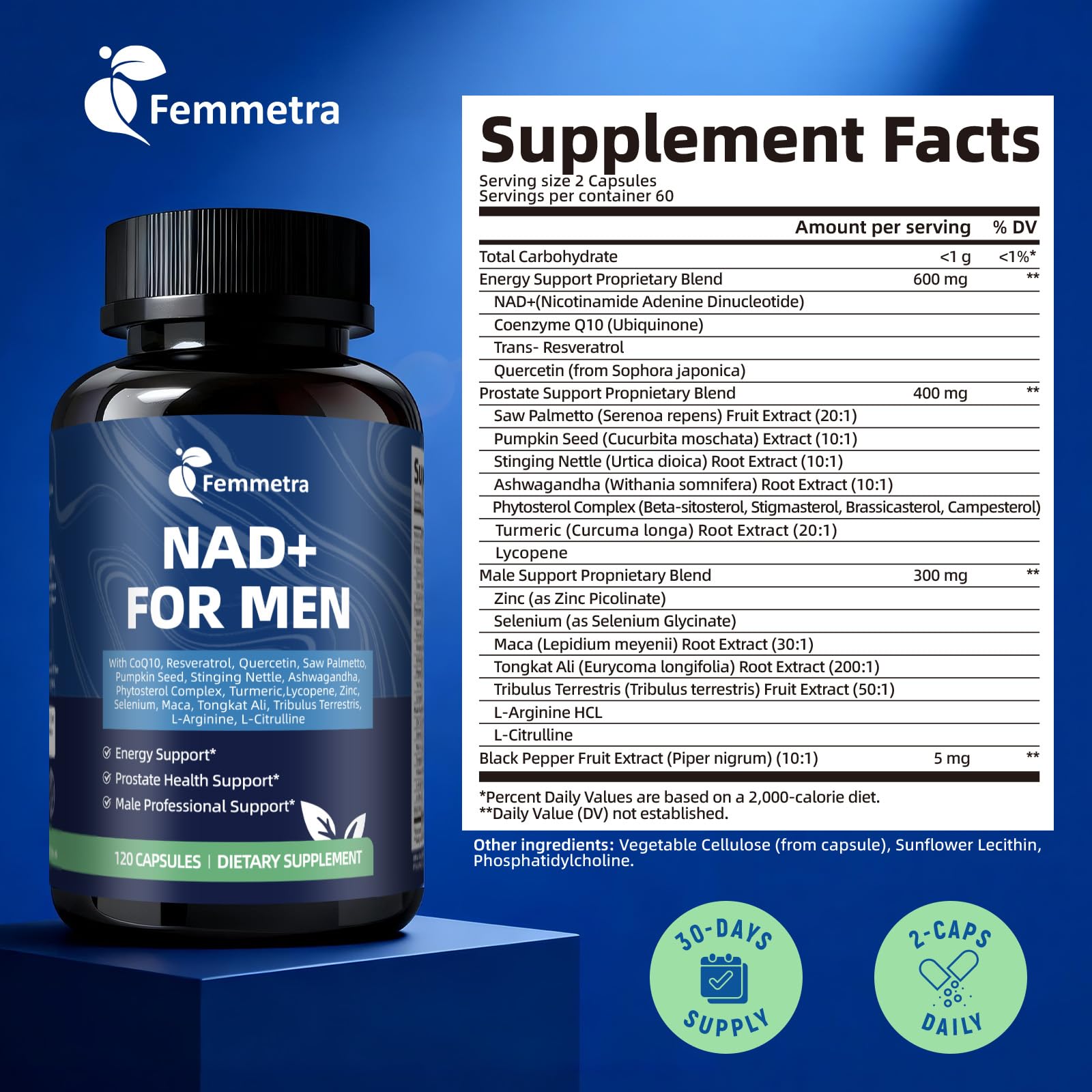 Botella Femmetra junto a hojas y extractos que ilustran ingredientes