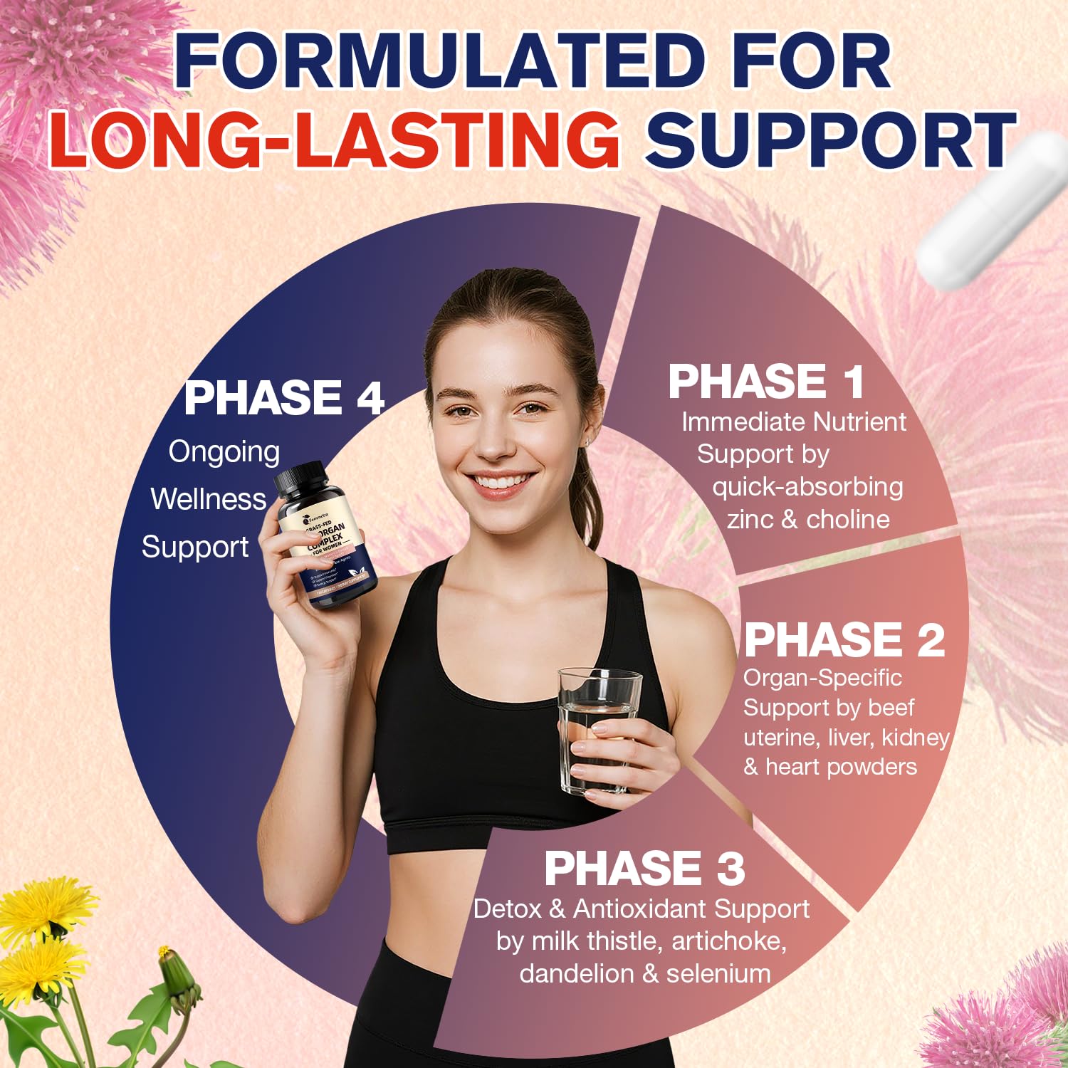 Femmetra mujer activa tomando suplemento para energía y bienestar