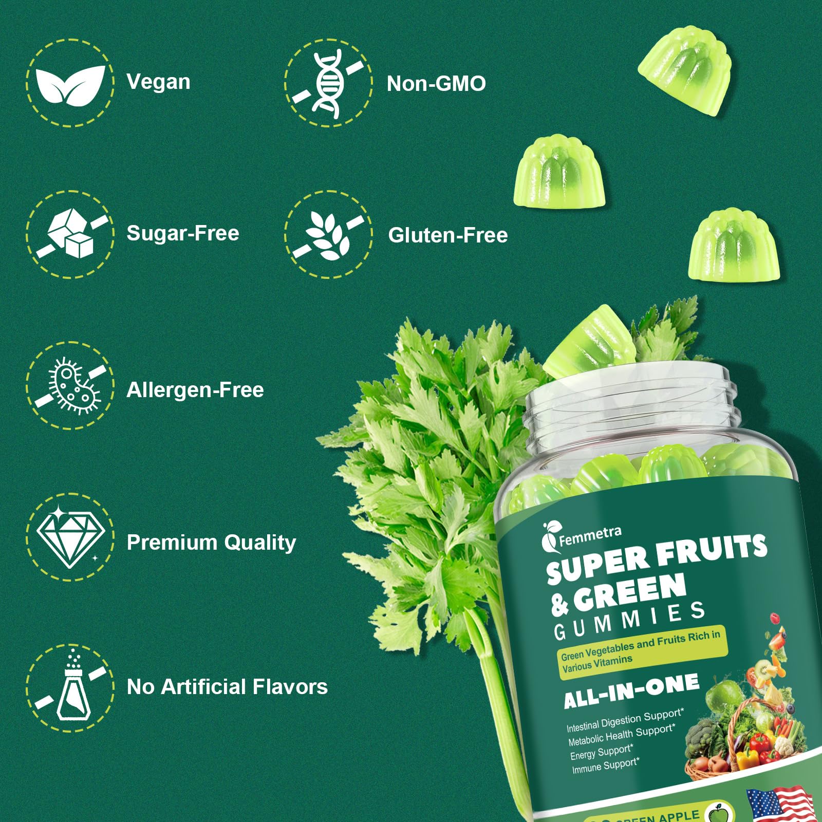 Femmetra etiqueta e ingredientes destacando vitaminas, probióticos y pureza