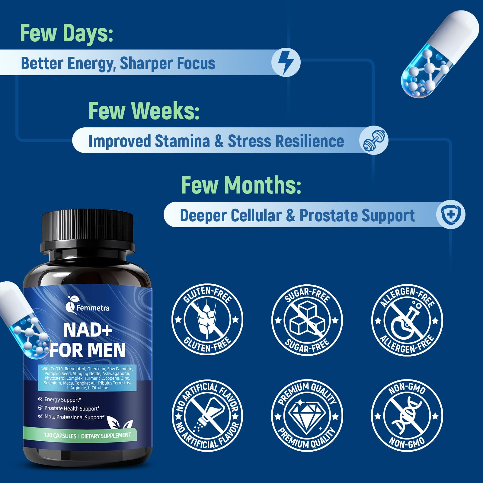 Femmetra etiqueta ingredientes resaltando saw palmetto y NAD+