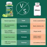 Femmetra gomita sobre mesa con manzana verde enfatizando sabor natural