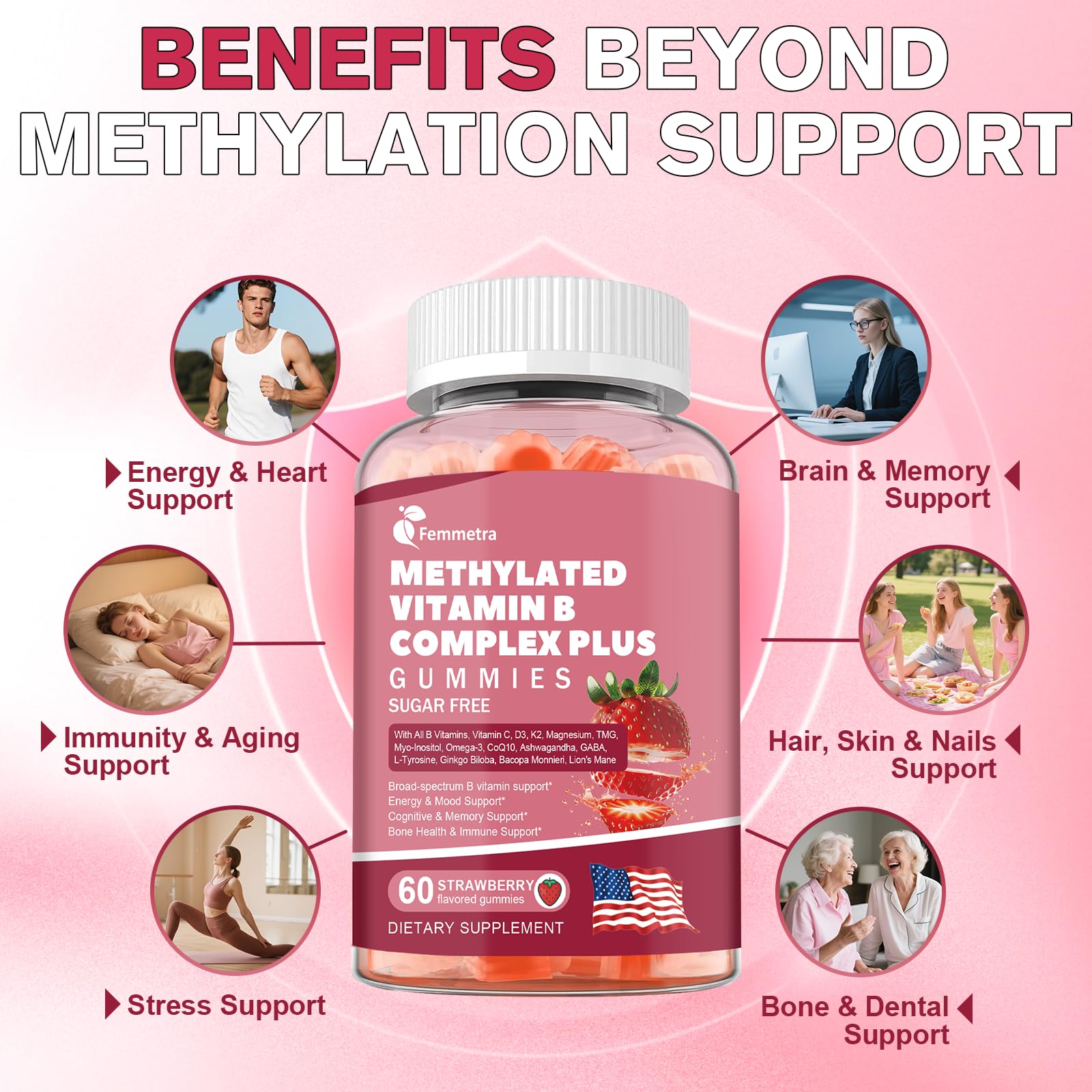 Ingredientes clave Femmetra como Omega‑3 y ashwagandha beneficiando bienestar