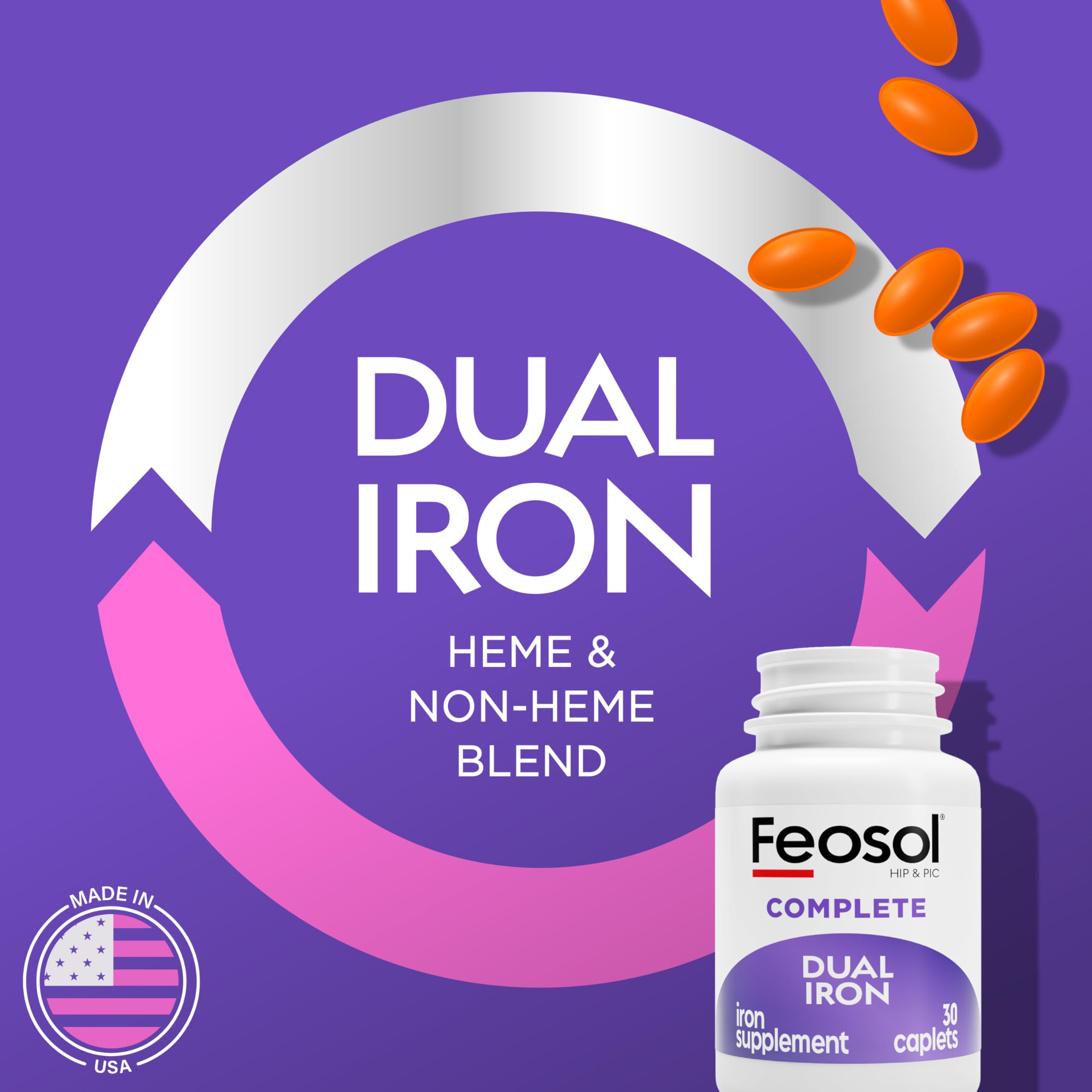 Feosol primer plano de un caplet mostrando tamaño y recubrimiento fácil