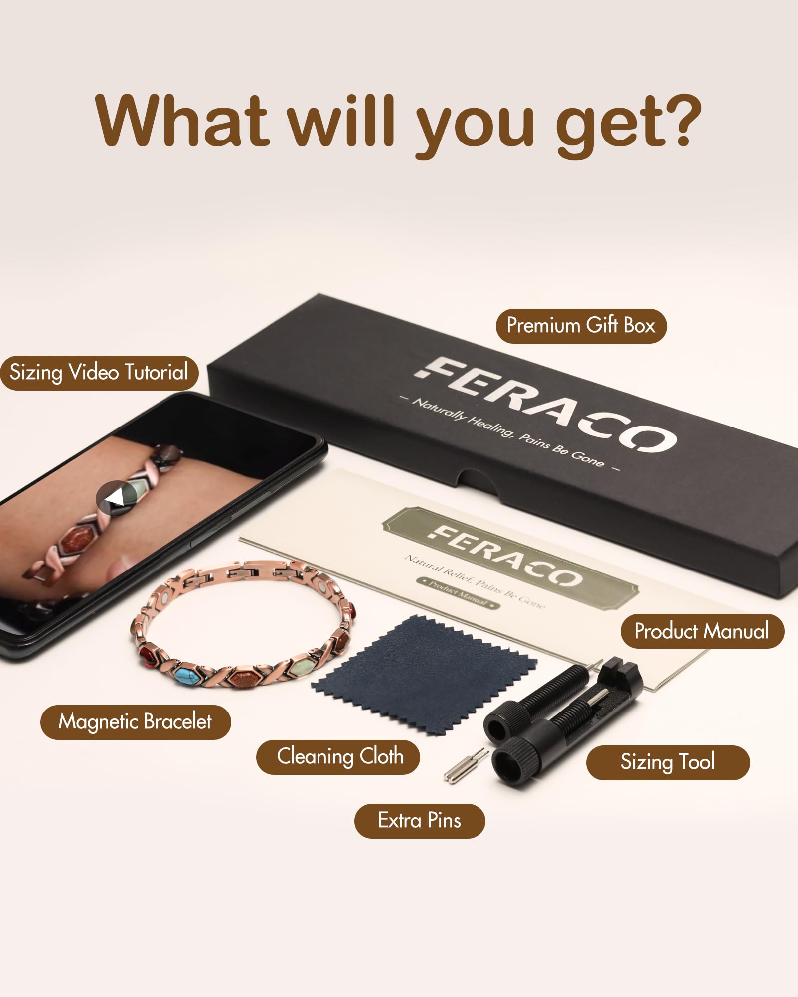 Feraco caja regalo abierta con pulsera y manual mostrando presentación premium