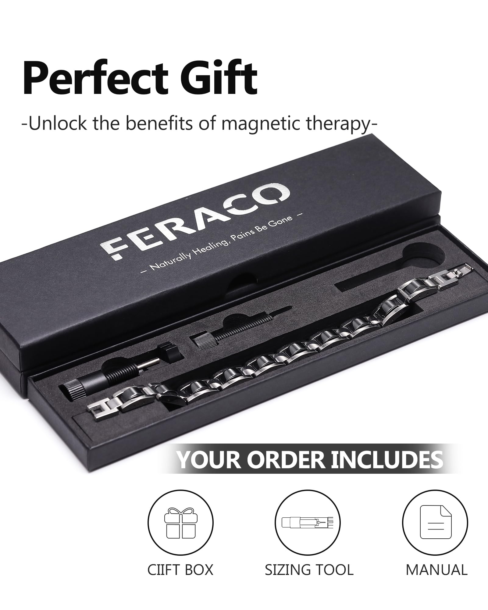 Feraco pulsera sobre mano para comparar escala y visualizar la longitud real