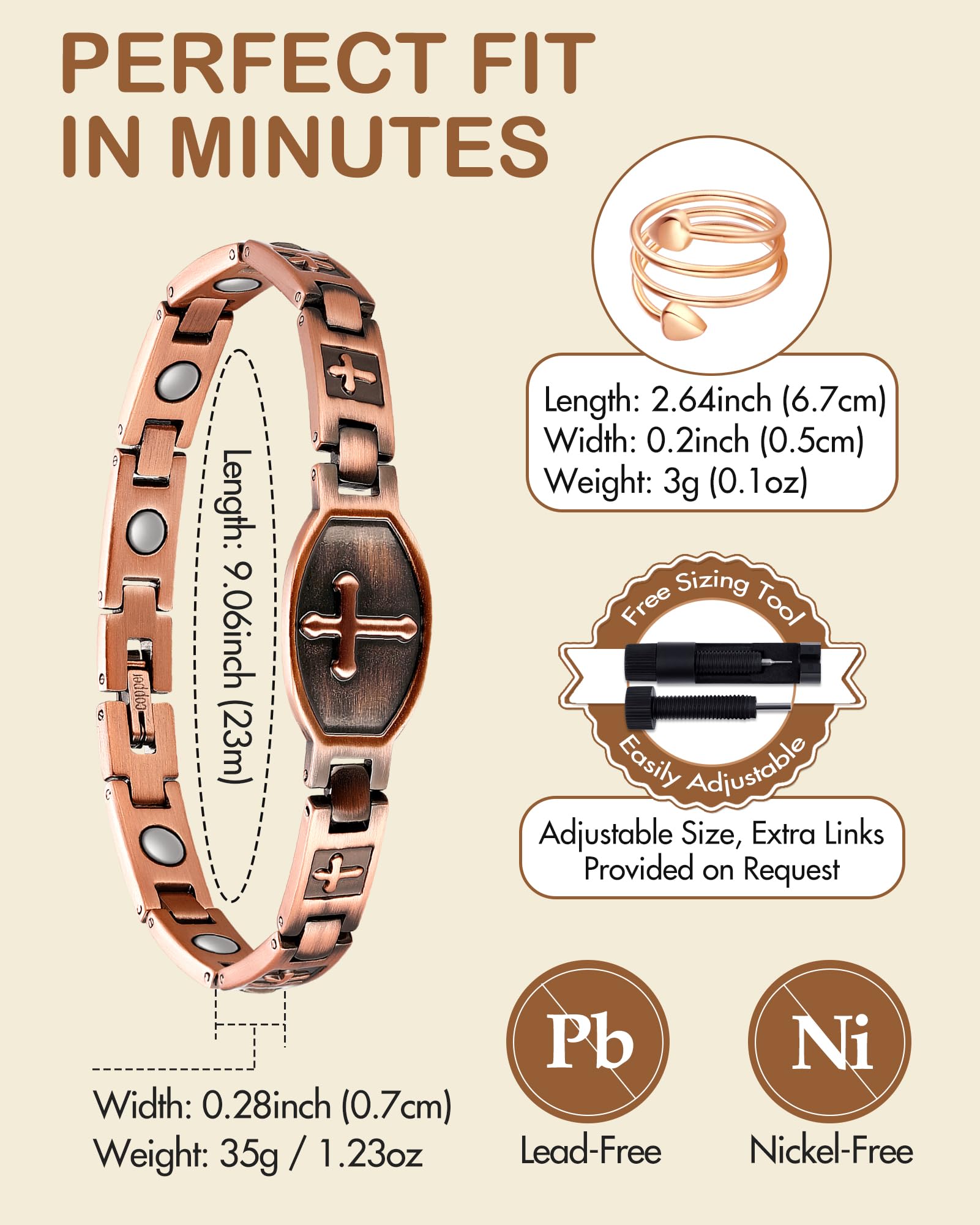 Feraco pulsera comparada con mano para indicar tamaño y proporción
