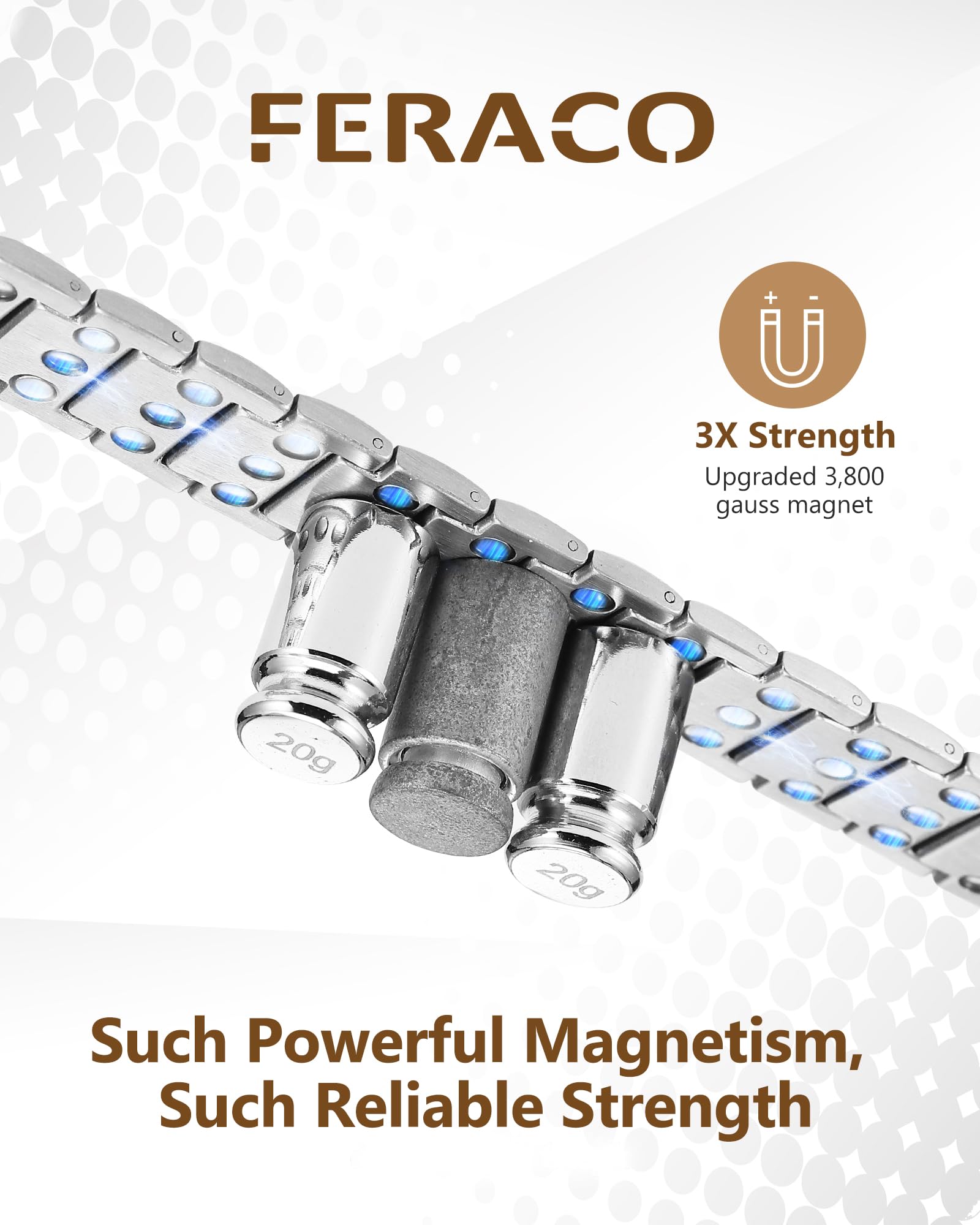 Feraco pulsera primer plano de imanes integrados, montaje seguro y discreto