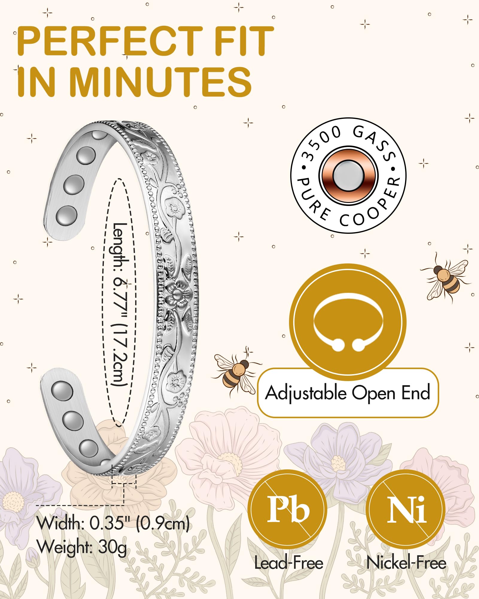 Feraco pulsera textura del cobre con tratamiento anti-oxidación