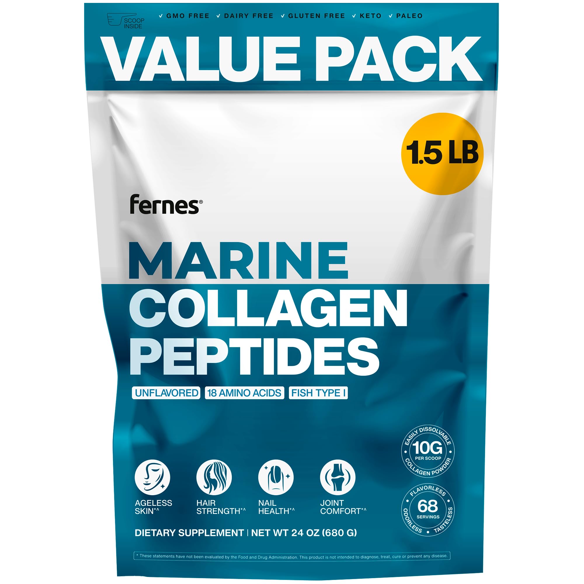 Fernes envase frontal mostrando colágeno marino Peptan y beneficios claros
