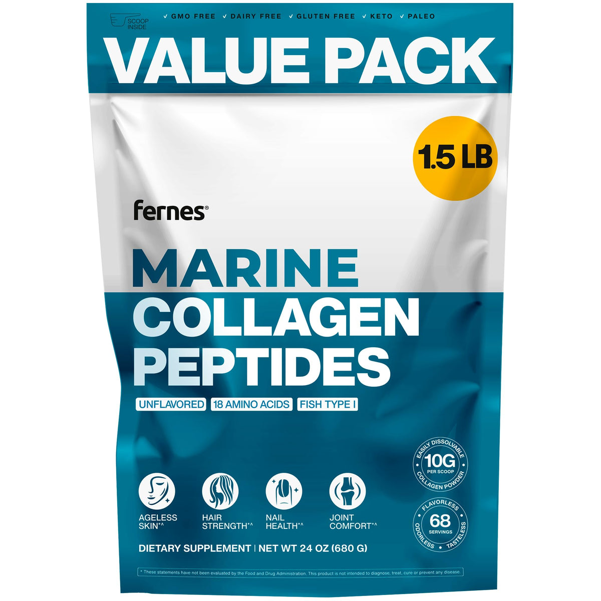 Fernes envase frontal mostrando colágeno marino Peptan y beneficios claros