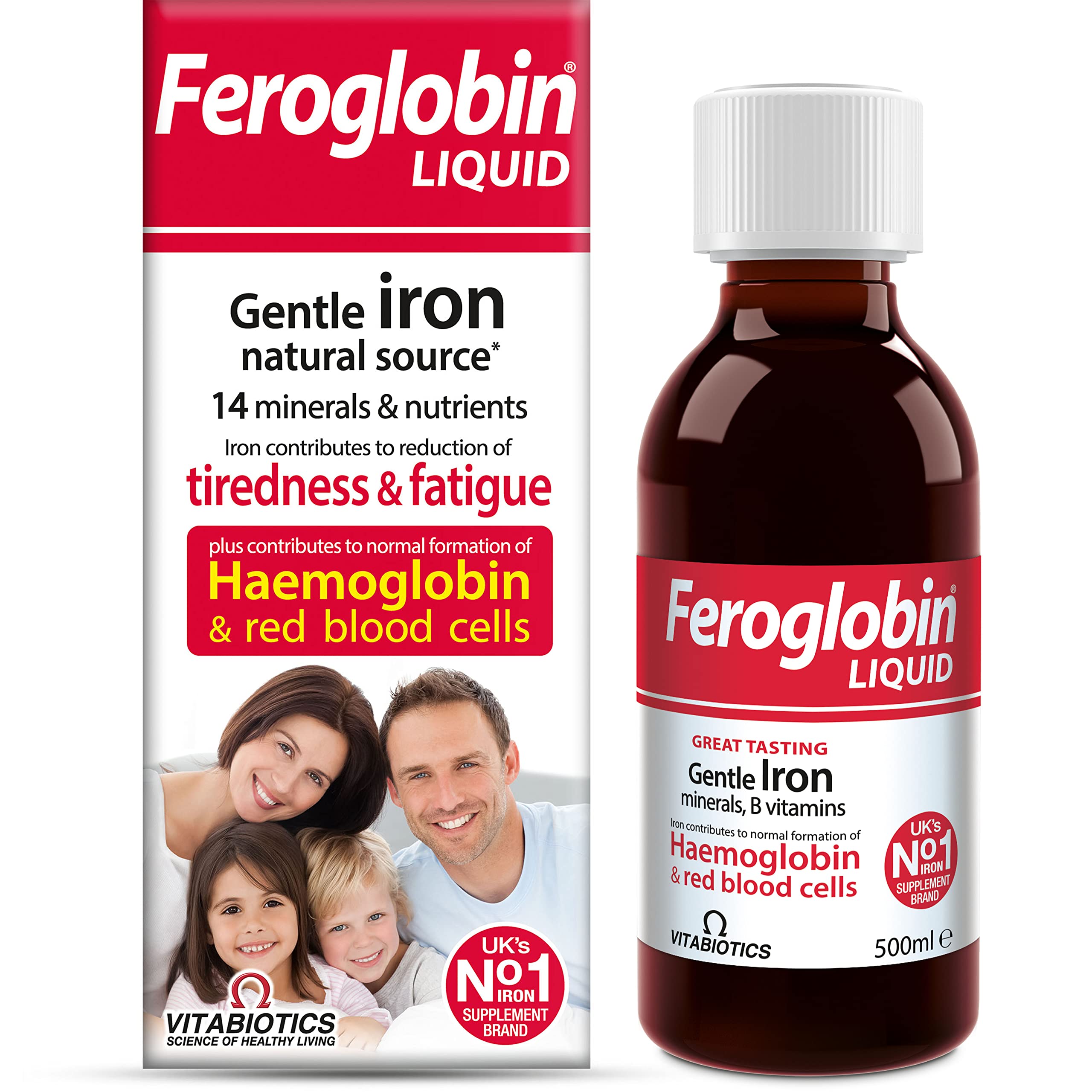 Feroglobin botella frontal mostrando etiqueta y sabor miel y naranja