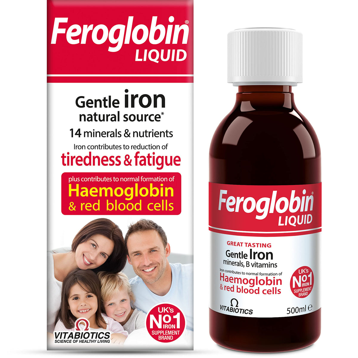 Feroglobin botella frontal mostrando etiqueta y sabor miel y naranja