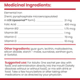 FEROSOM FORTE etiqueta y lista de ingredientes destacando vitaminas y libre de gluten