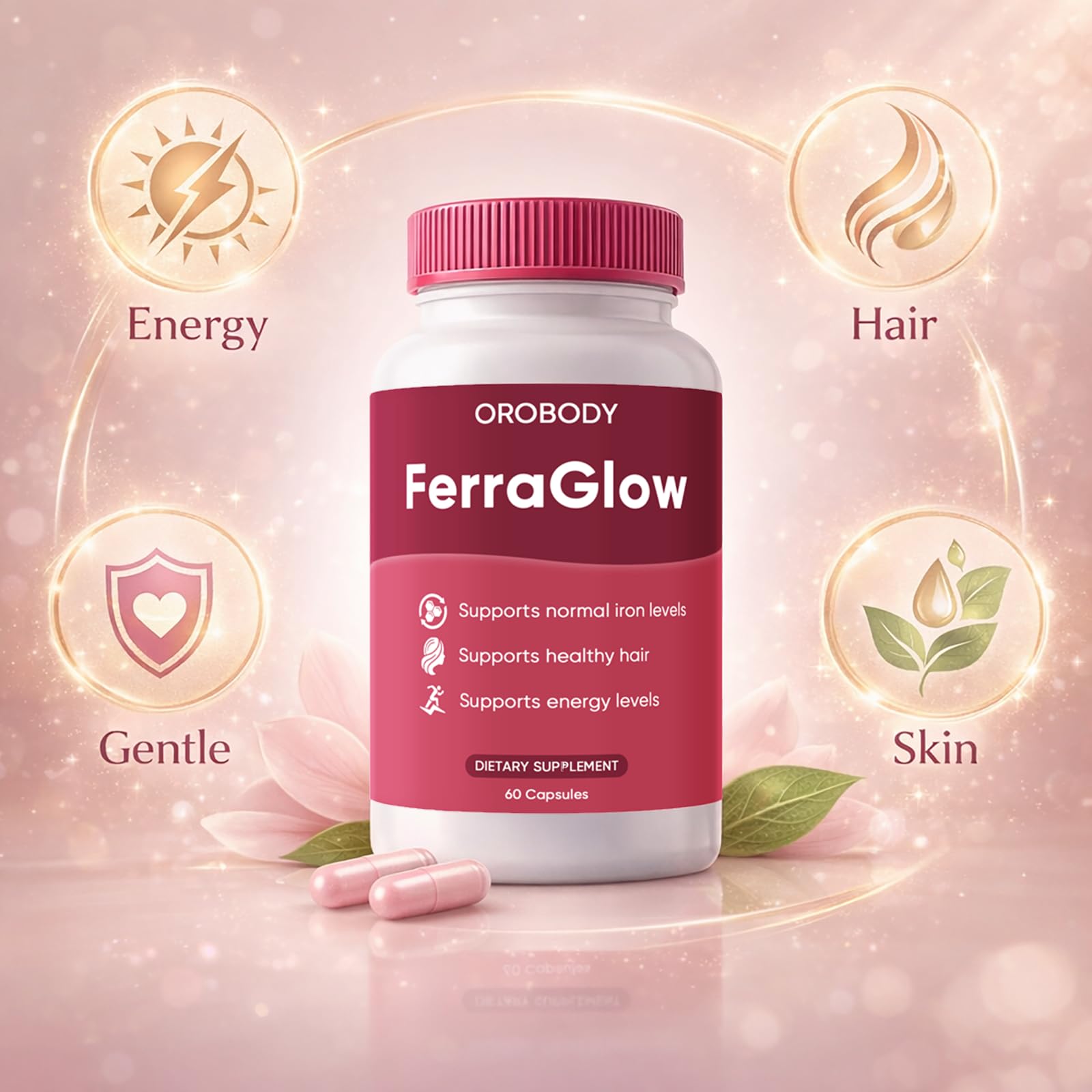 FERRAGLOW etiqueta cerca destacando hierro bisglicinato y lactoferrina