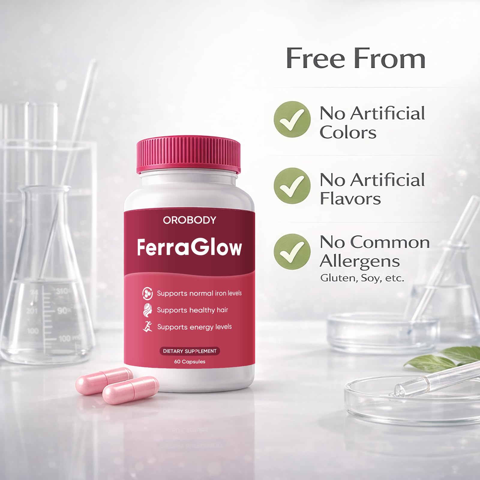 FERRAGLOW ingredientes llaves: hierro, vitamina C, B12 en foco