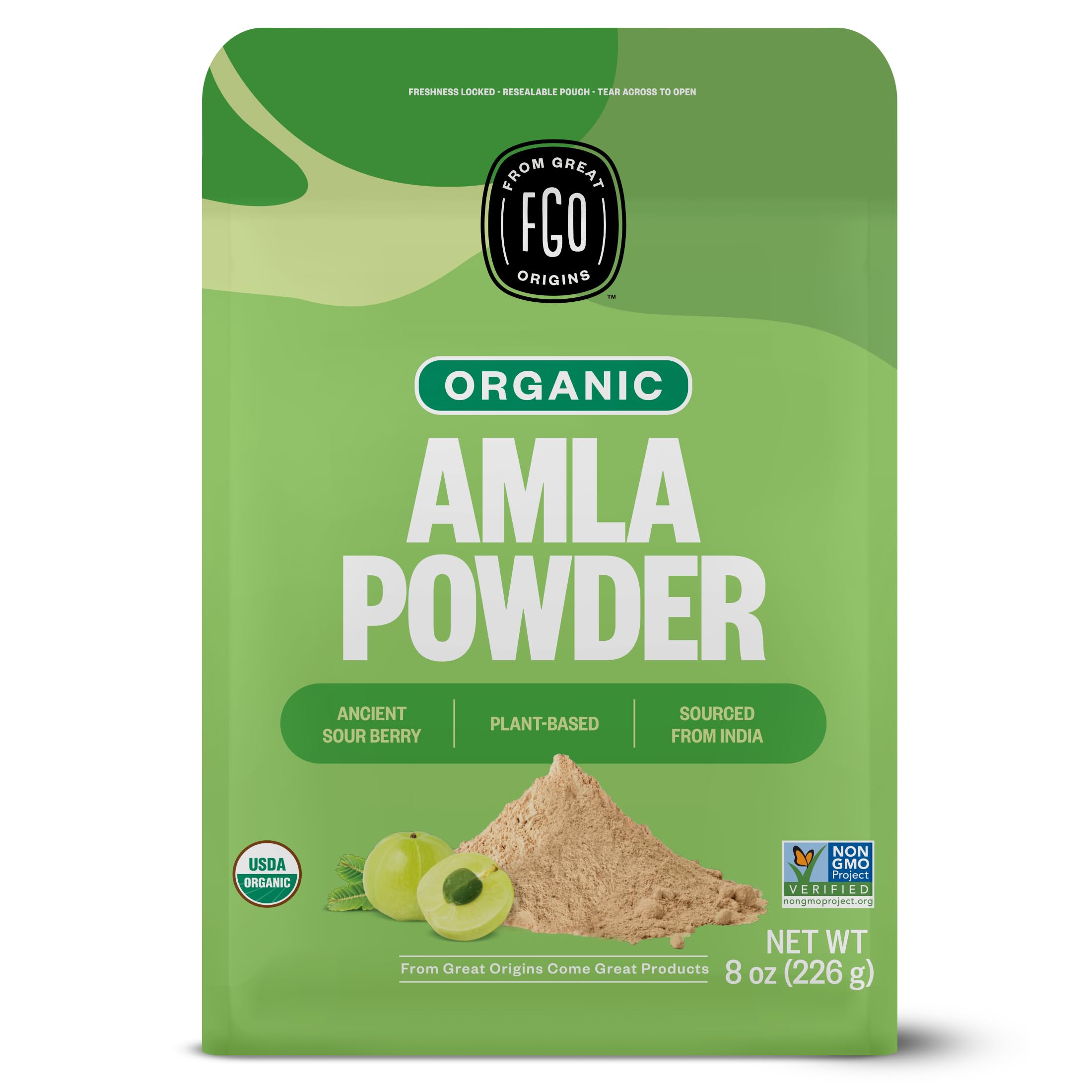 FGO empaque frontal de amla en polvo mostrando sello orgánico y beneficio conservación