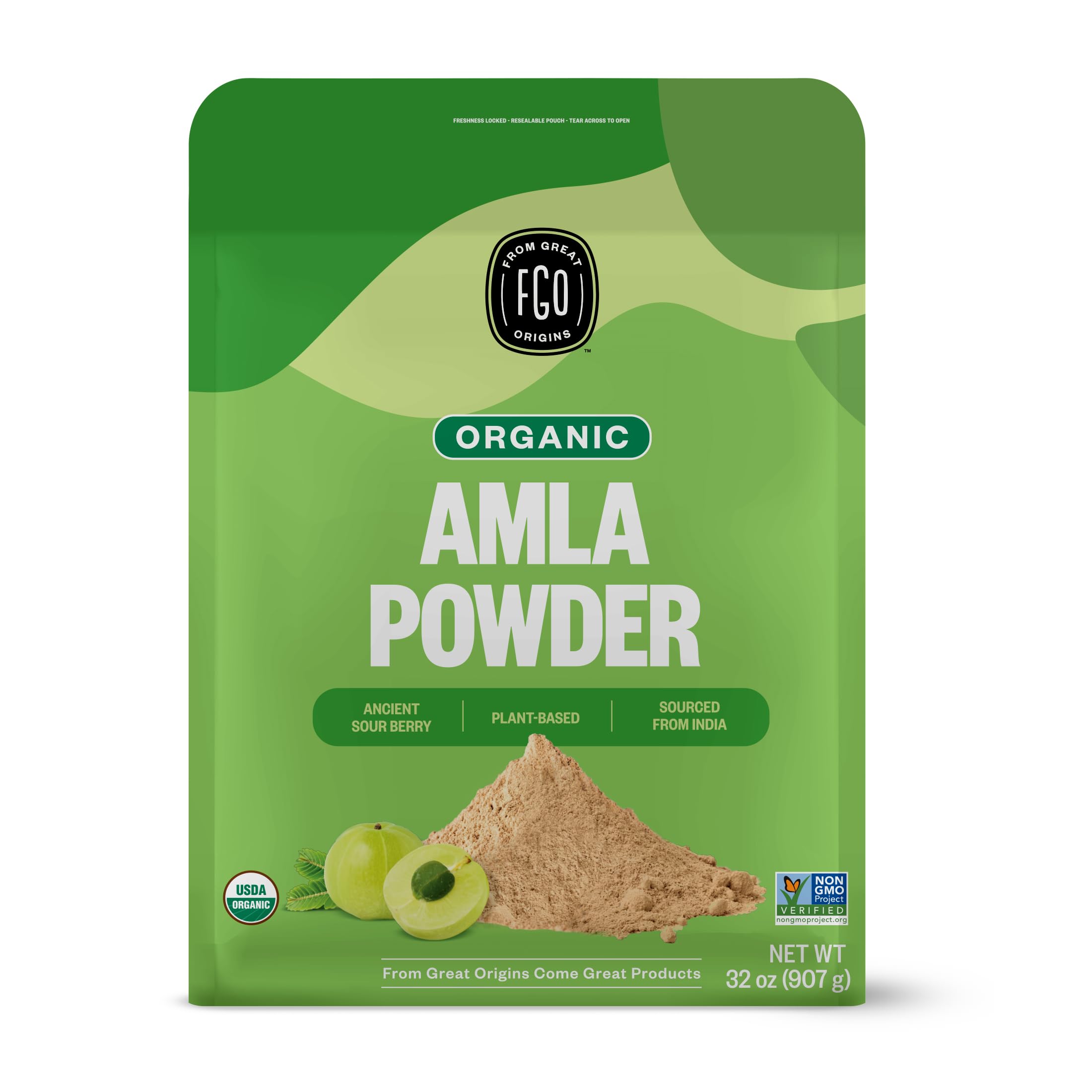 FGO bolsa frontal de amla en polvo mostrando tamaño y resealable, ideal para almacenamiento