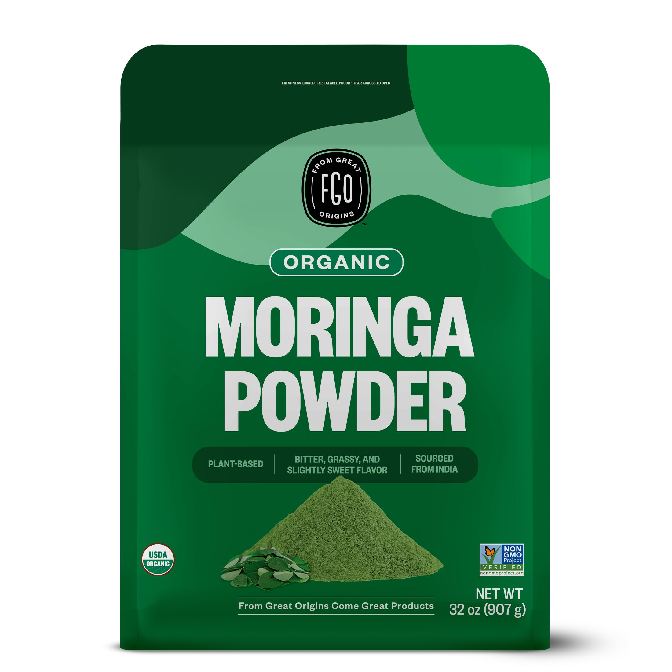 FGO bolsa resellable frente mostrando el polvo y el sello orgánico