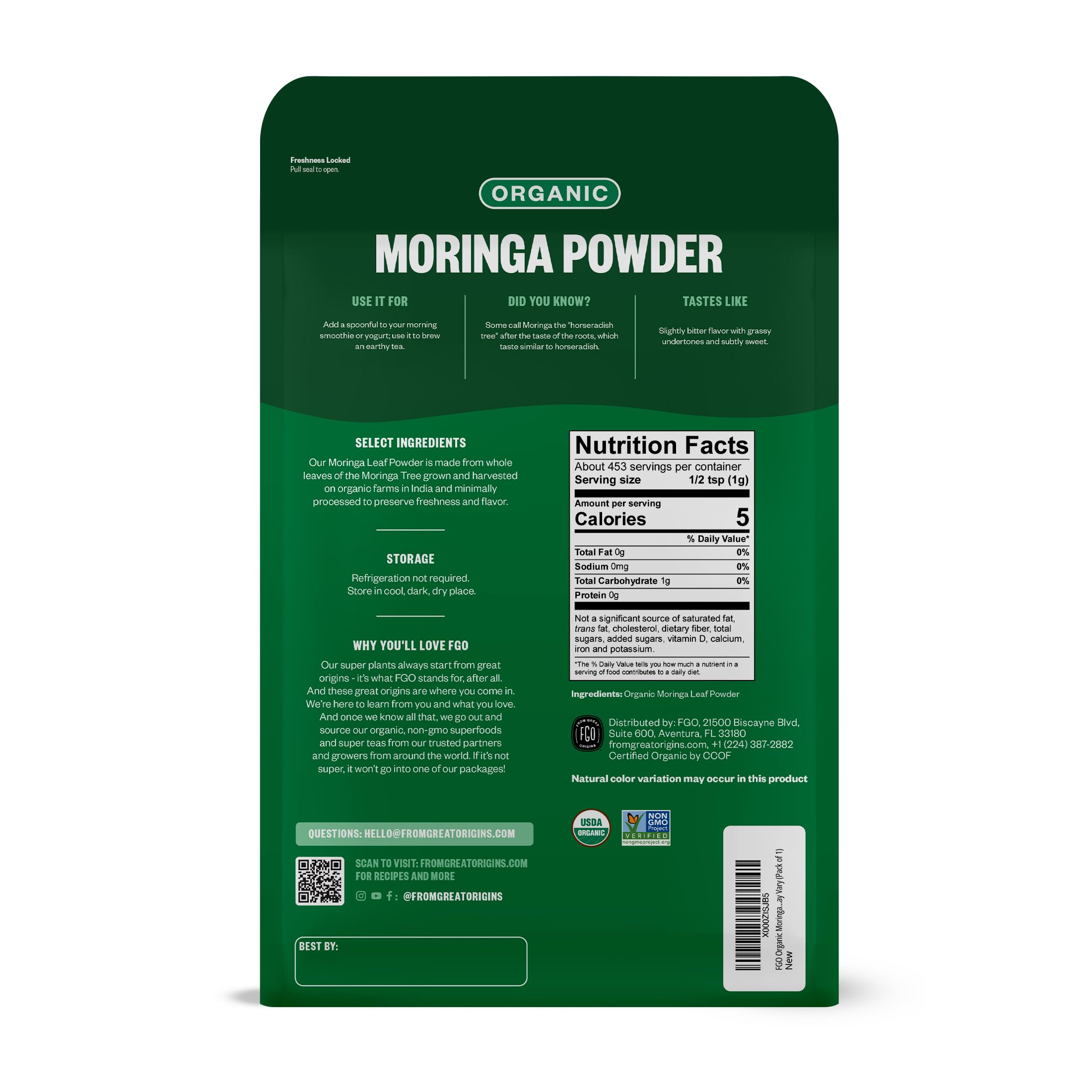 FGO primer plano de textura de polvo de moringa, aspecto fresco