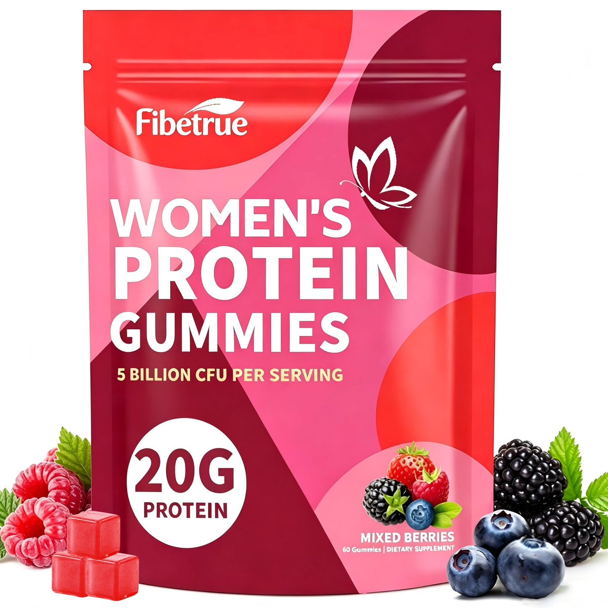 Fibetrue envase frontal mostrando 60 gominolas y portabilidad