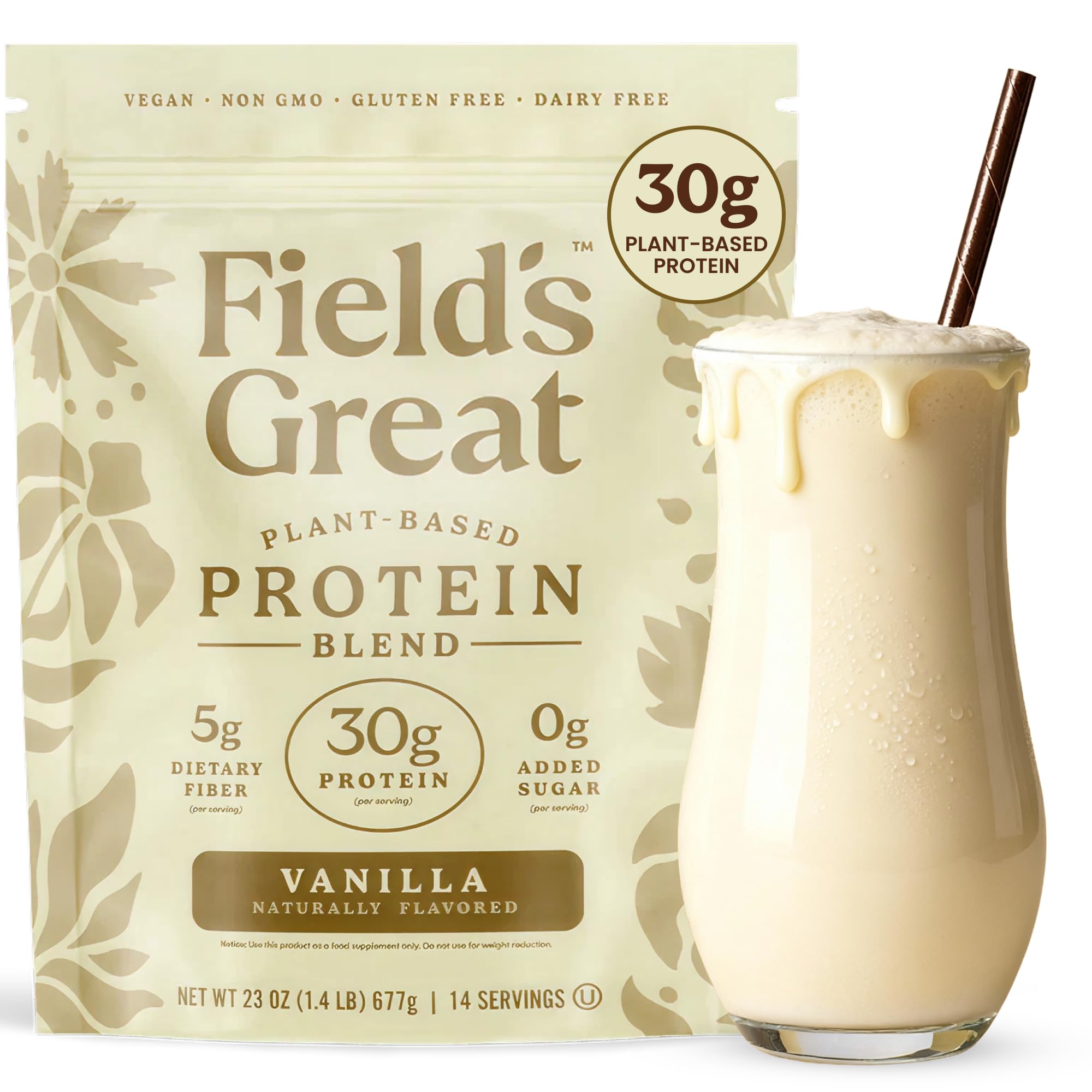 Field's Great envase frontal vainilla mostrando etiqueta clara y beneficios