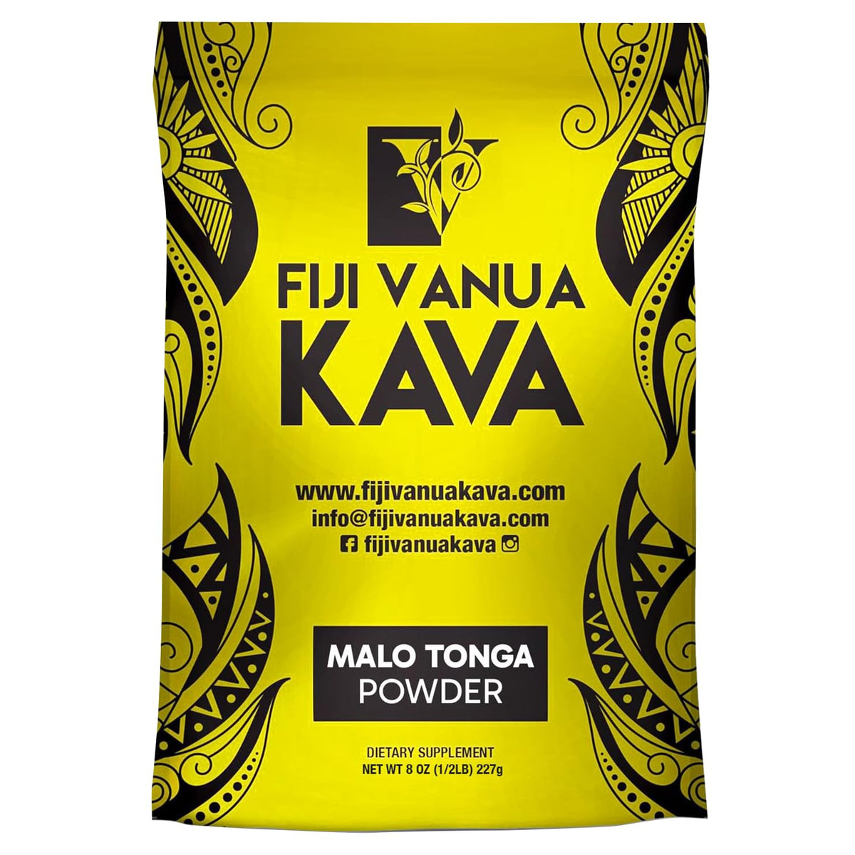 Fiji Vanua Kava frente del paquete mostrando presentación y beneficio de autenticidad