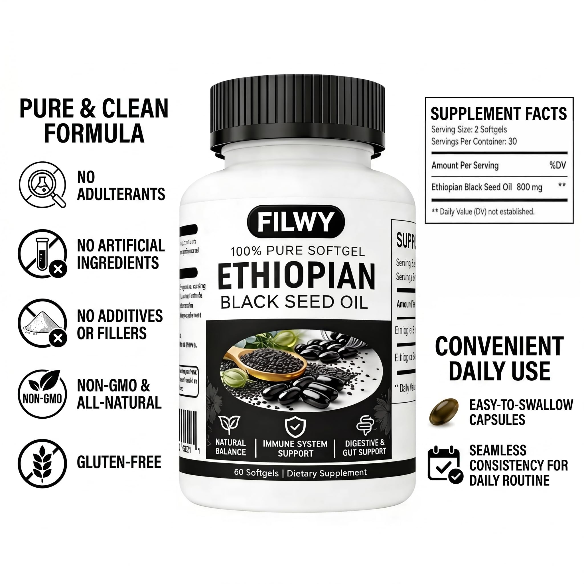 Filwy etiqueta con ingredientes y 4.64% timohinona para asegurar consistencia